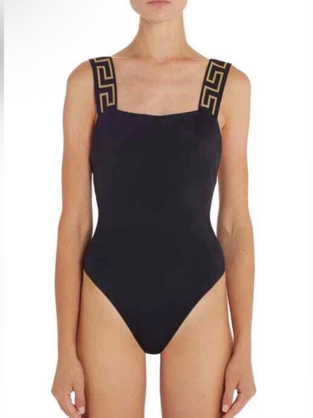 Versace Greca Strap One-Piece Swimsuit in A1008 Black Size 3  Gold Strap Detail